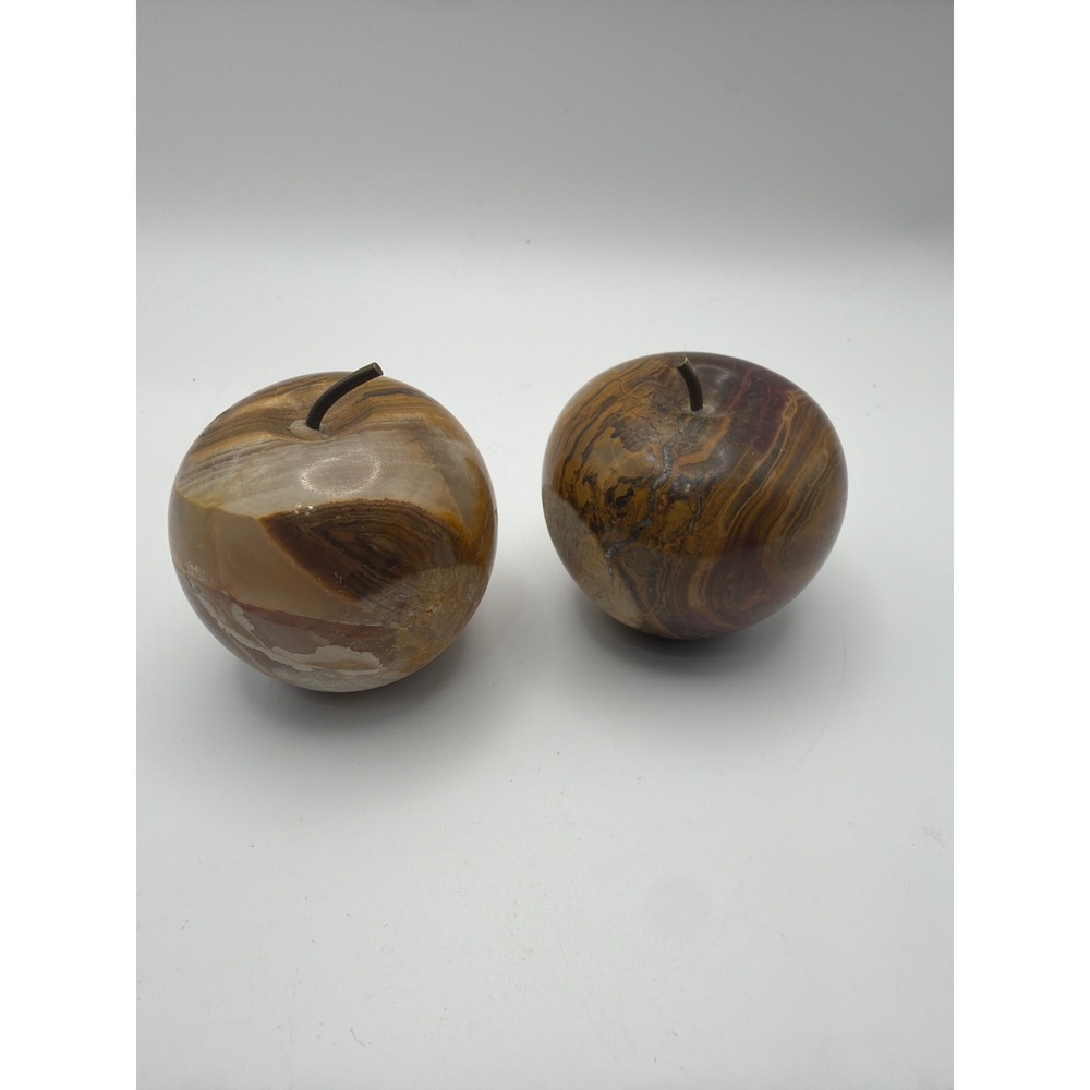 Vintage Onyx Marble Apple Paperweights Set of 2 Brown Banded Stone Decor Stems